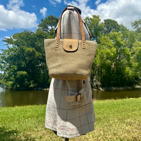 Eric Javits NY Natural Staw Raffia & Leather Trim Tan & Brown Woven Shoulder Bag - Picture 3 of 13